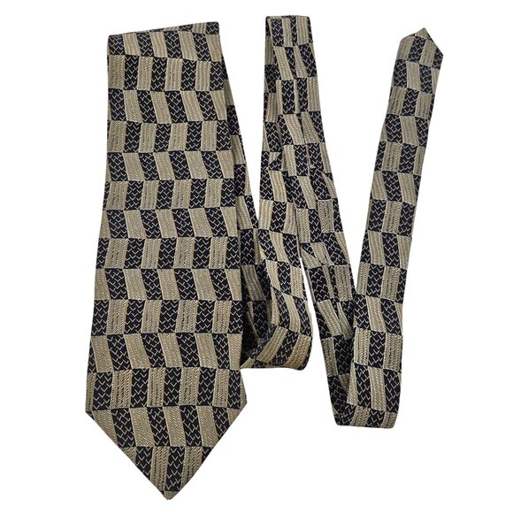 Henry Grethel Mens Tie Italian Silk Tie Geometric Beige Navy Pattern Vintage - Picture 4 of 8